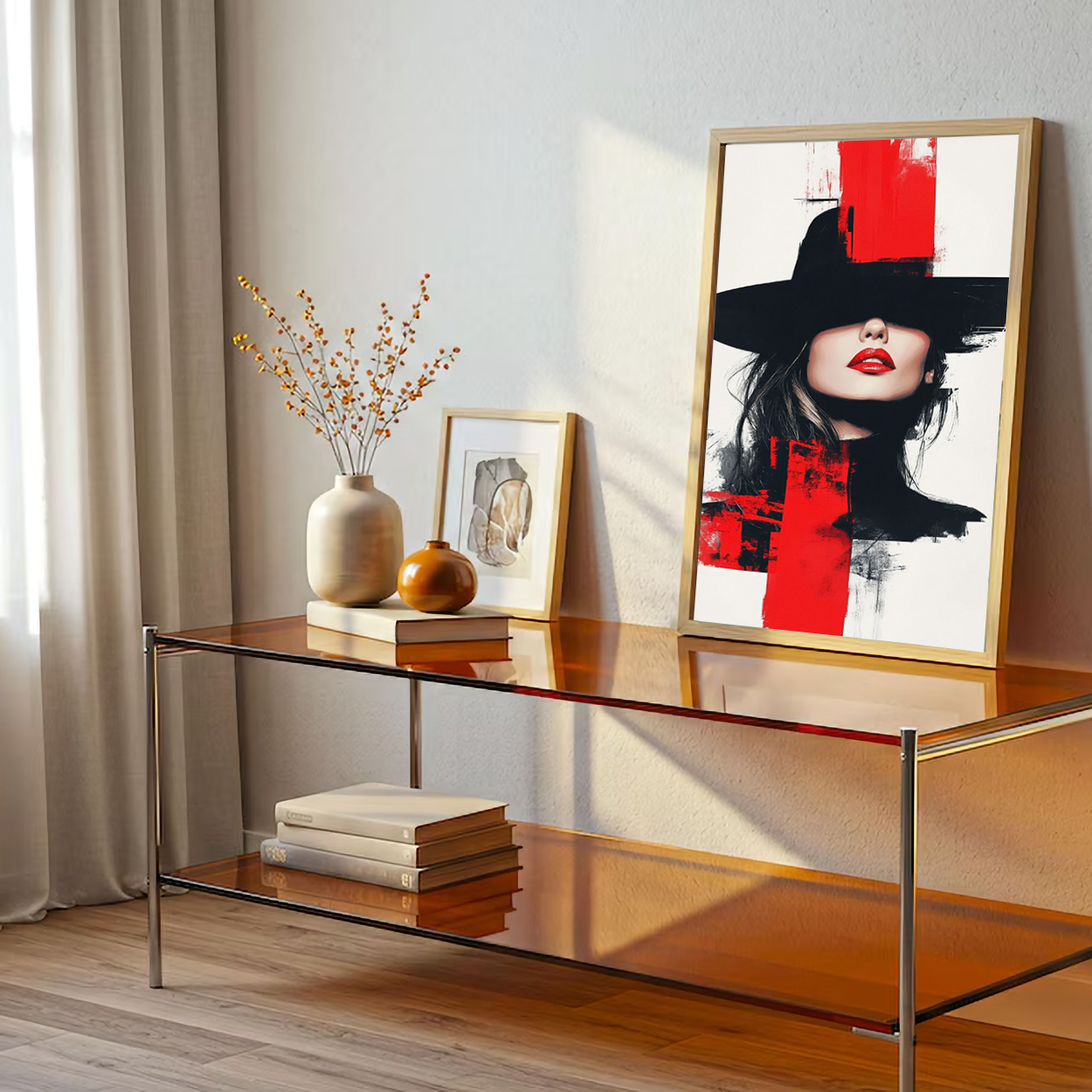 Red Lips Woman in Abstract Black Hat Wall Canvas Art