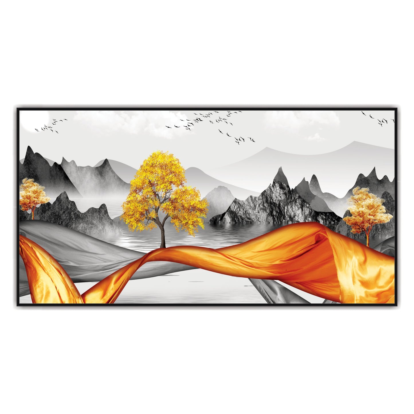 3D Modern Golden Tree Gray Mountains art Canvas Print Wall Painting