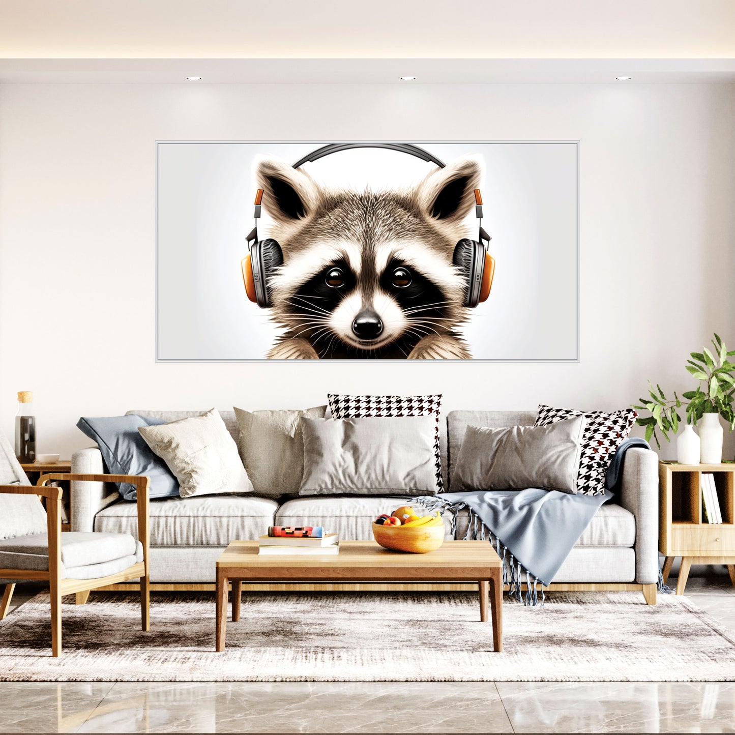 Raccoon Headphones Listening Music Landscape Canvas Art