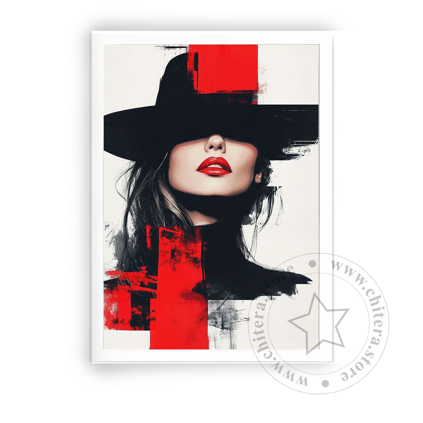 Red Lips Woman in Abstract Black Hat Wall Canvas Art