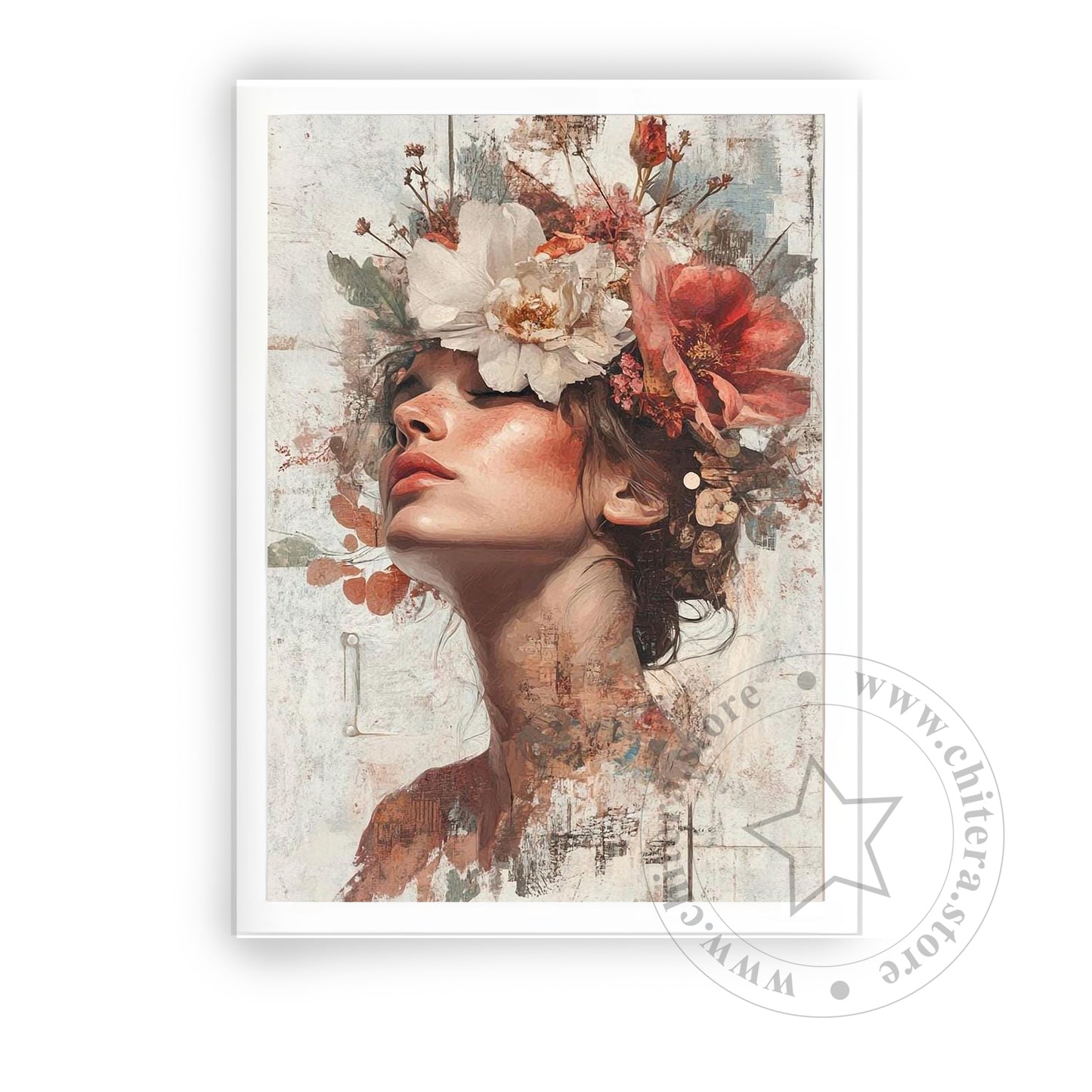 Floral Crown Woman with Closed Eyes Wall Canvas Art