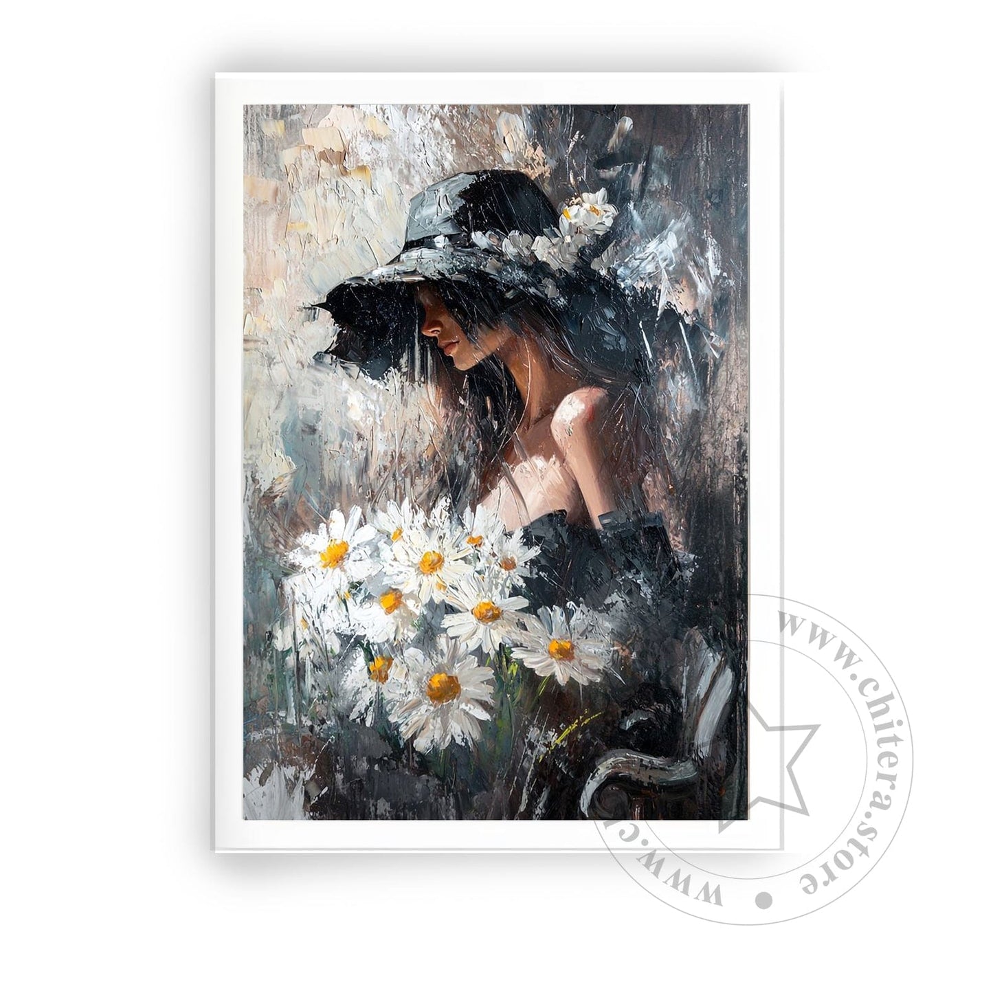 Impressionist Woman with Daisies and Hat Wall Canvas Art