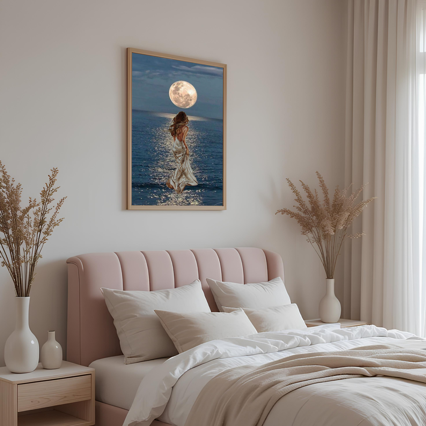 Elegant Woman Walking on Moonlit Ocean Wall Canvas Art
