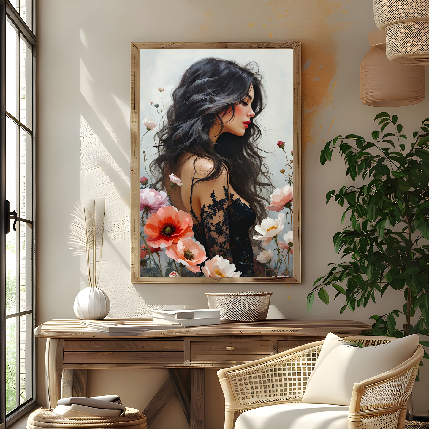 Dreamy Floral Elegant Woman Wall Canvas Art