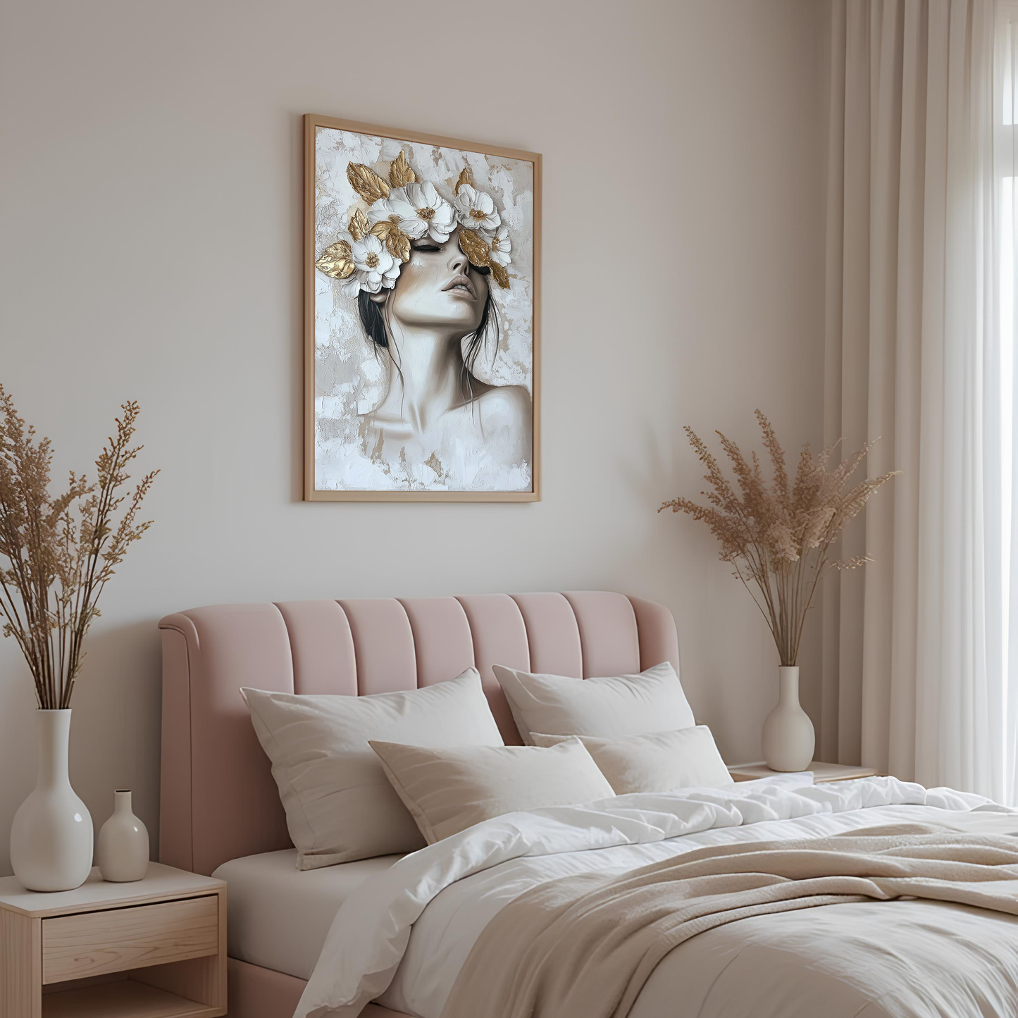 Golden Floral Crown Woman Wall Canvas Art
