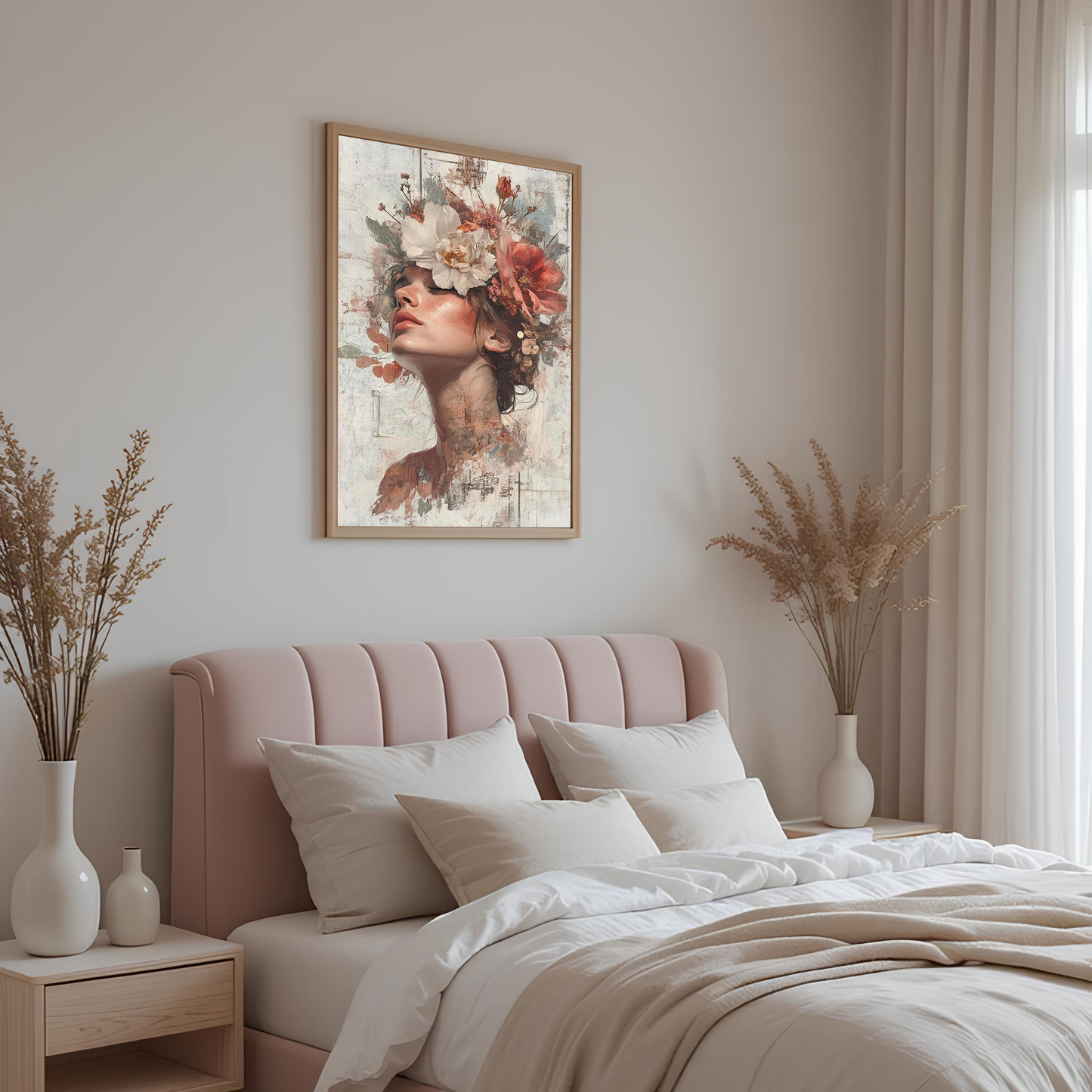 Floral Crown Woman with Closed Eyes Wall Canvas Art