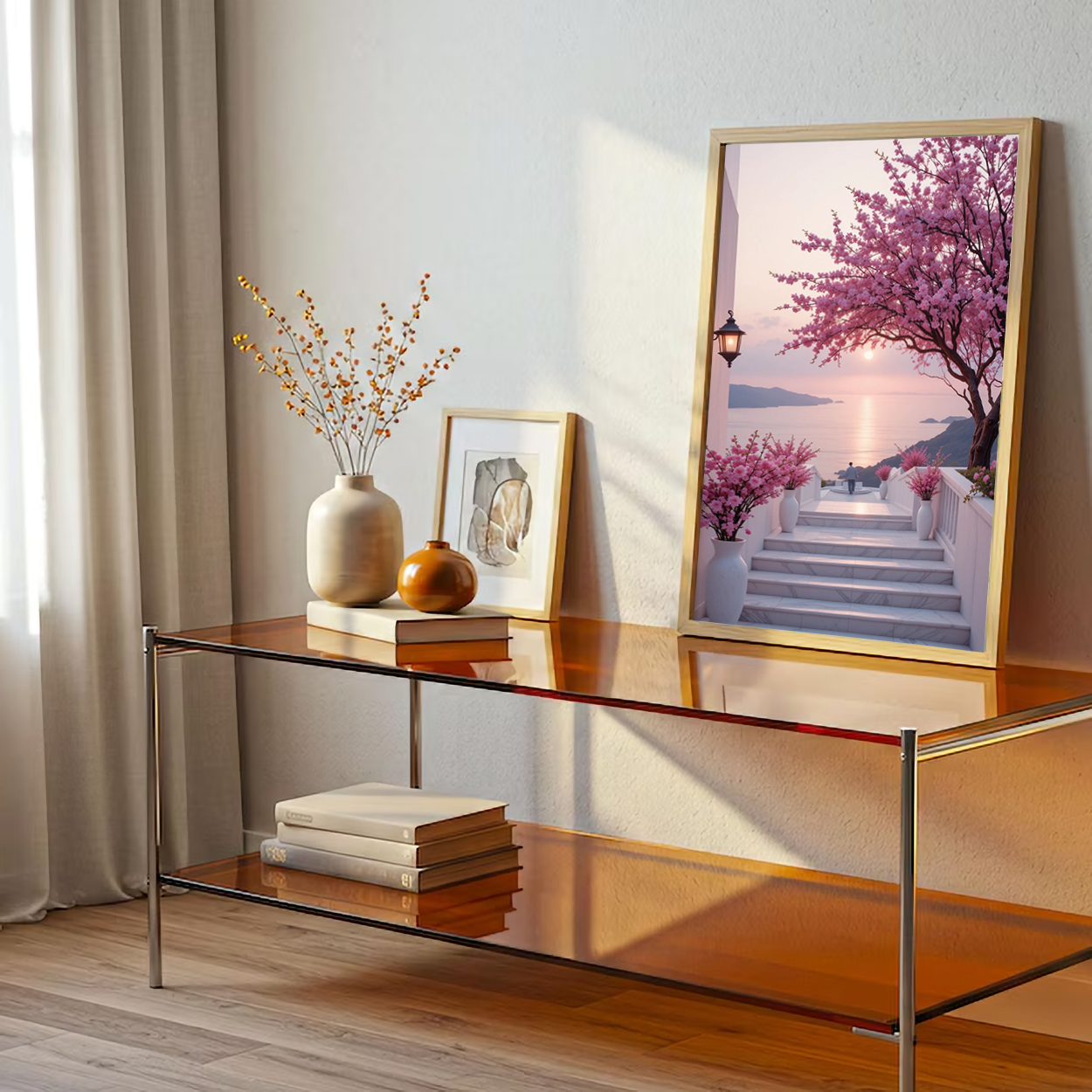 Romantic Seaside View – Pink Blossom Canvas Art