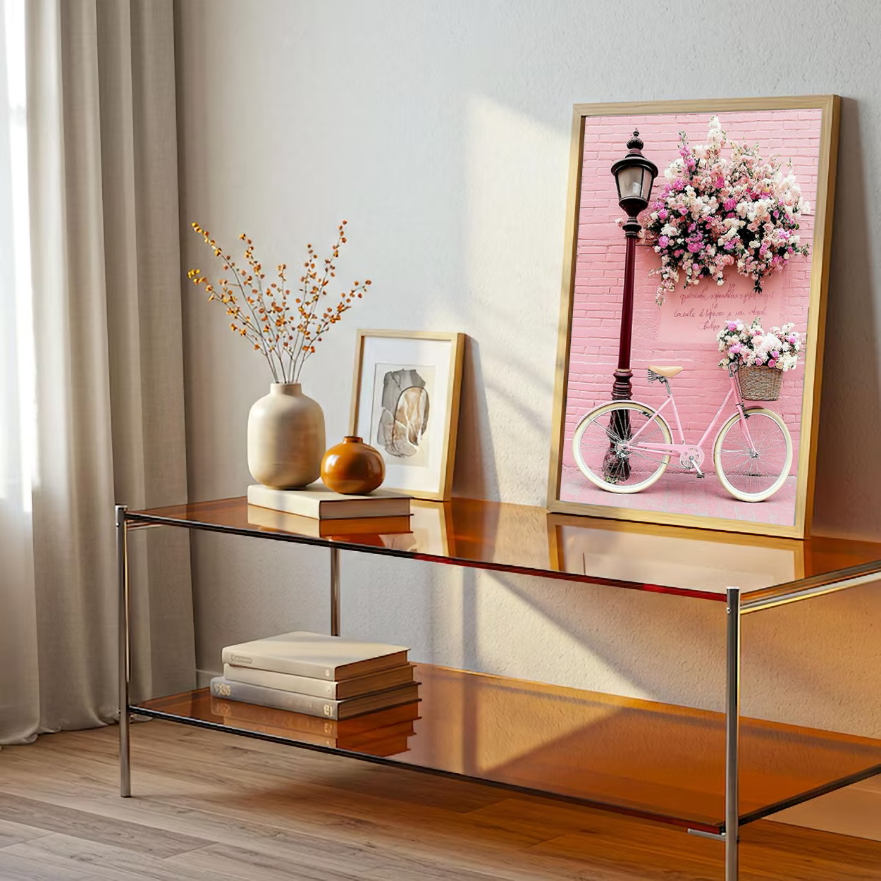Pink Bicycle with Flowers Wall Art