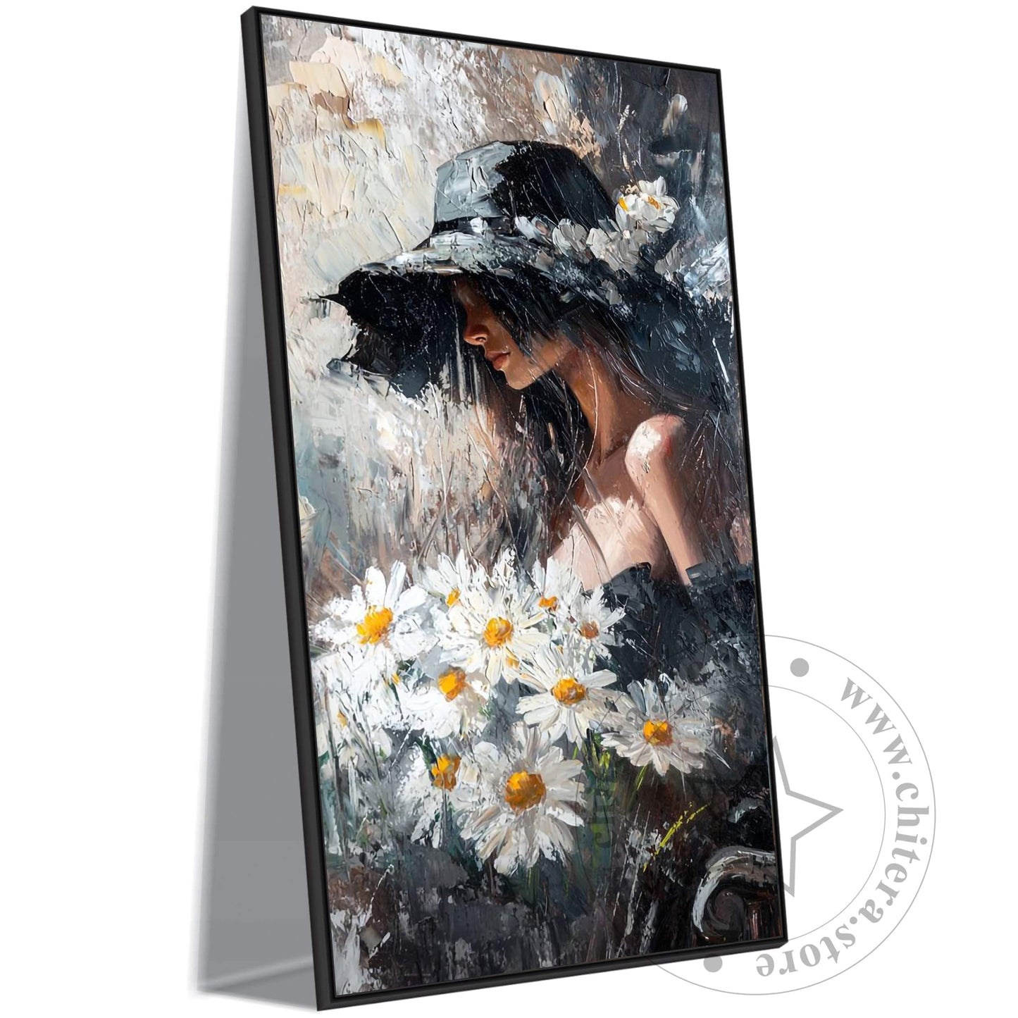 Impressionist Woman with Daisies and Hat Wall Canvas Art