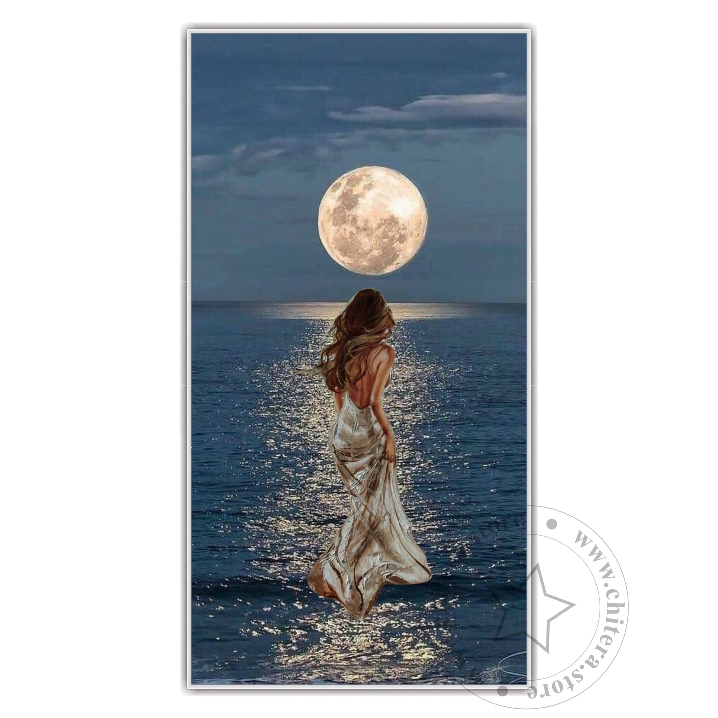 Elegant Woman Walking on Moonlit Ocean Wall Canvas Art