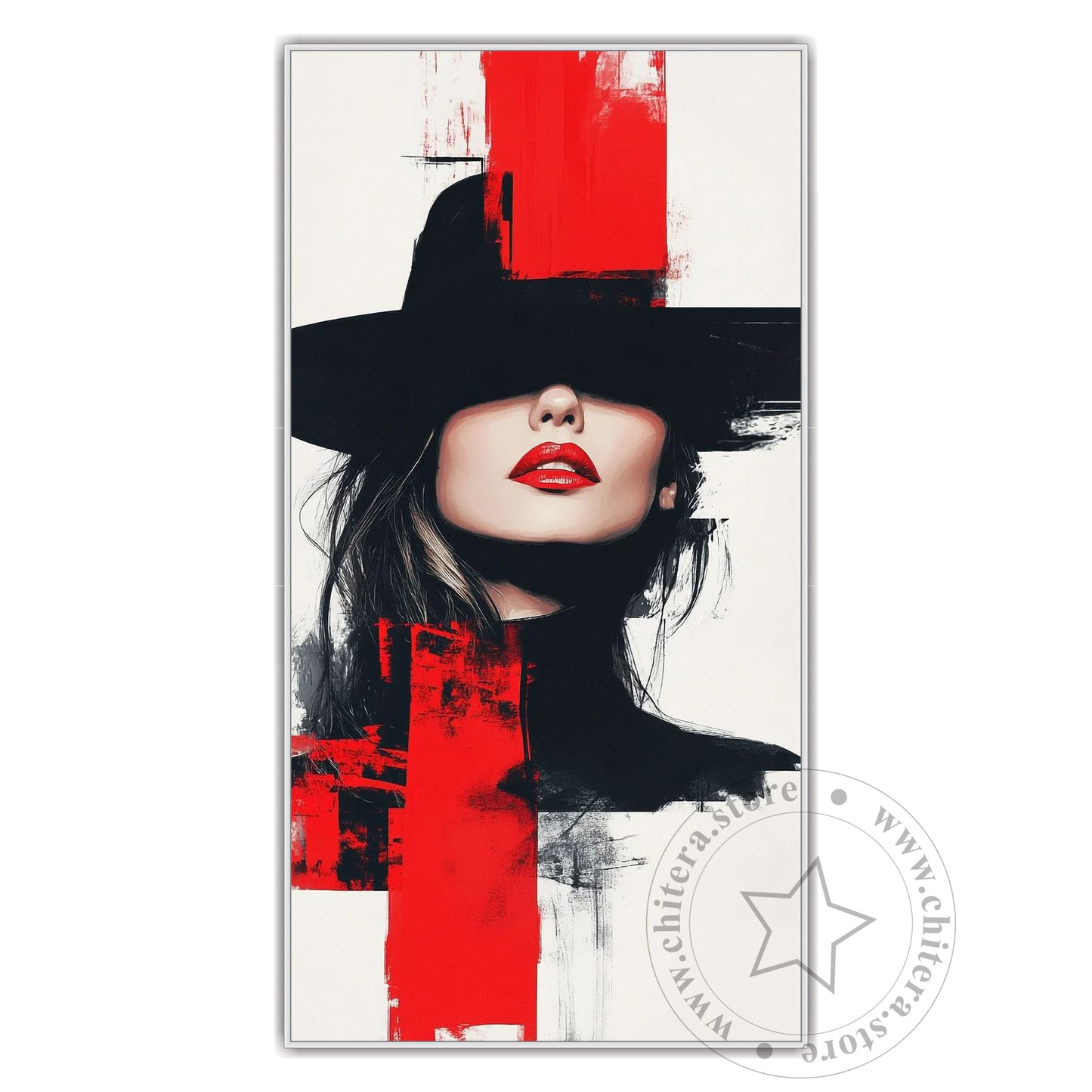 Red Lips Woman in Abstract Black Hat Wall Canvas Art