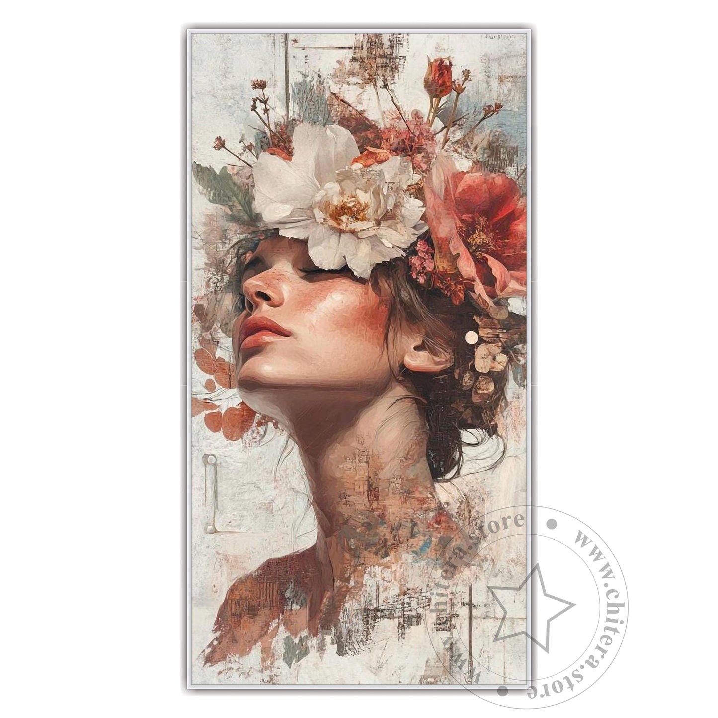 Floral Crown Woman with Closed Eyes Wall Canvas Art