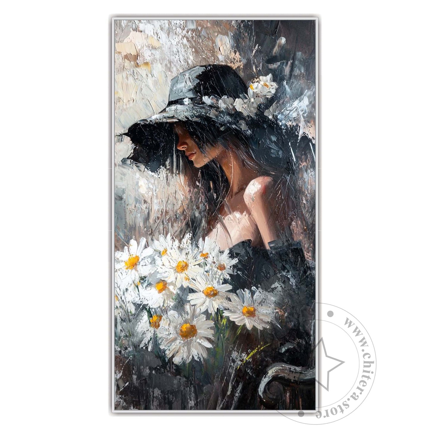 Impressionist Woman with Daisies and Hat Wall Canvas Art