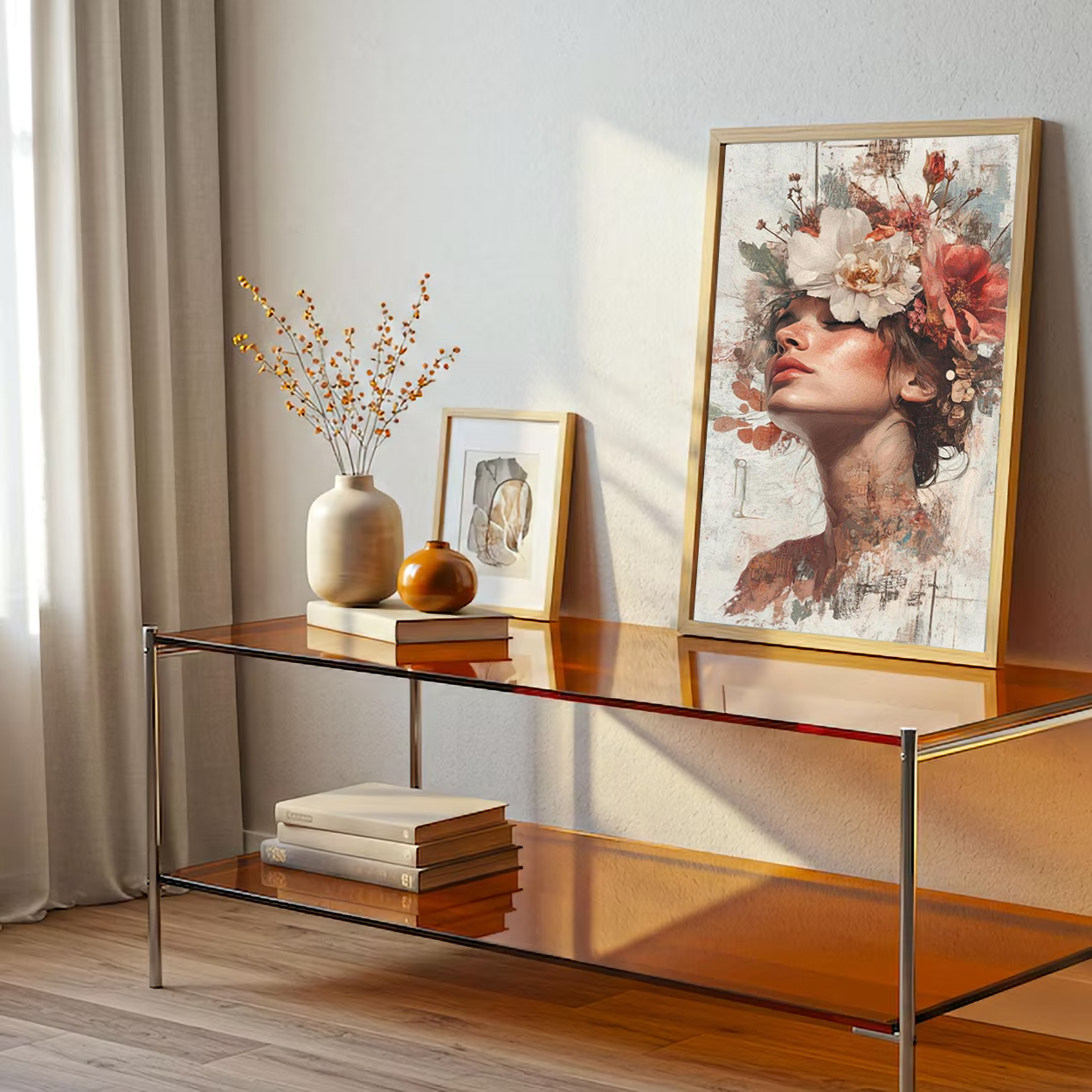 Floral Crown Woman with Closed Eyes Wall Canvas Art