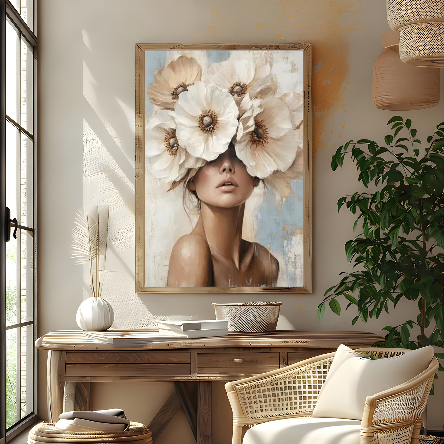 Beautiful Girl With Flowers on Head Wall Canvas Art