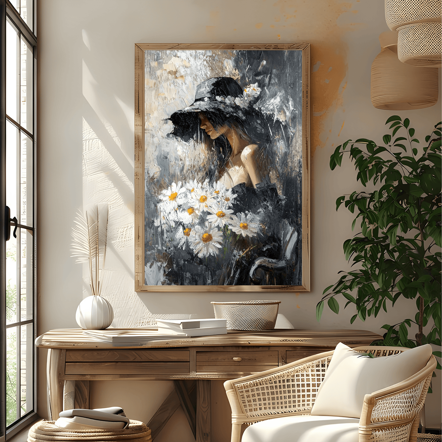 Impressionist Woman with Daisies and Hat Wall Canvas Art