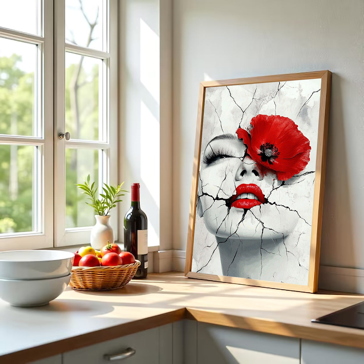Surreal Red Lips and Flower Canvas Art