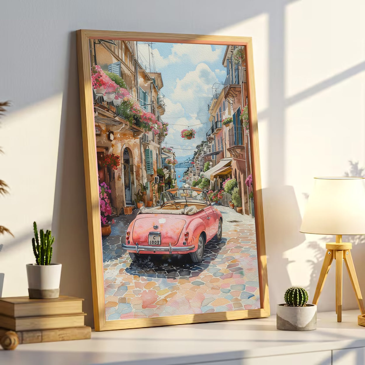 Pink Vintage Car in Italian Street Wall Canvas Art