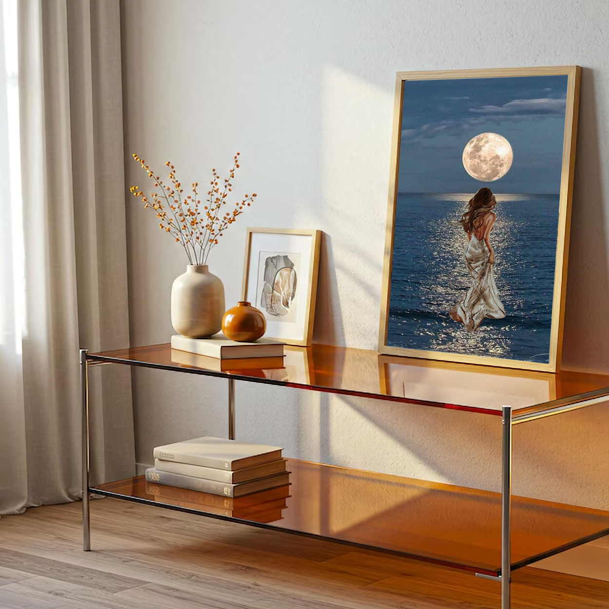 Elegant Woman Walking on Moonlit Ocean Wall Canvas Art