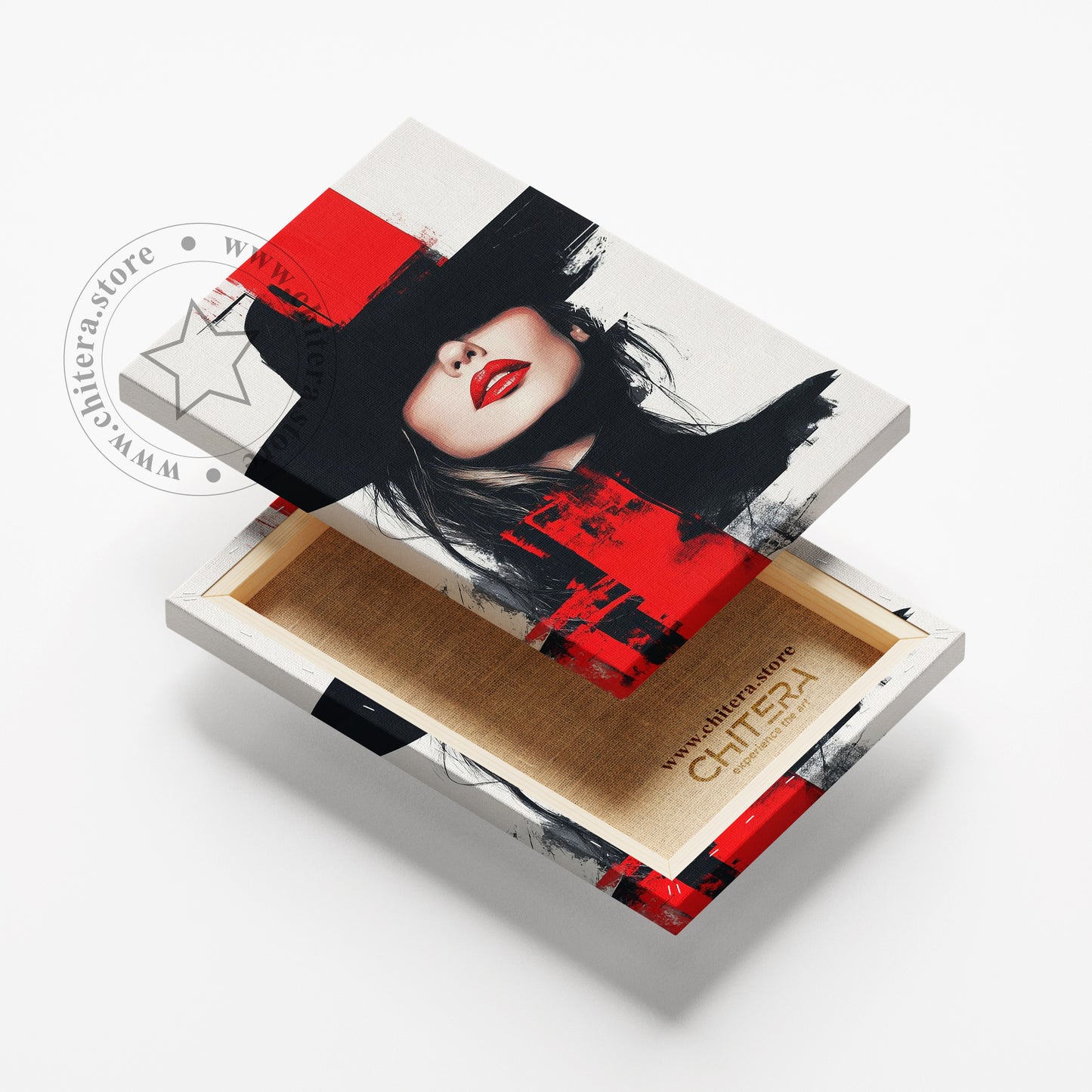 Red Lips Woman in Abstract Black Hat Wall Canvas Art