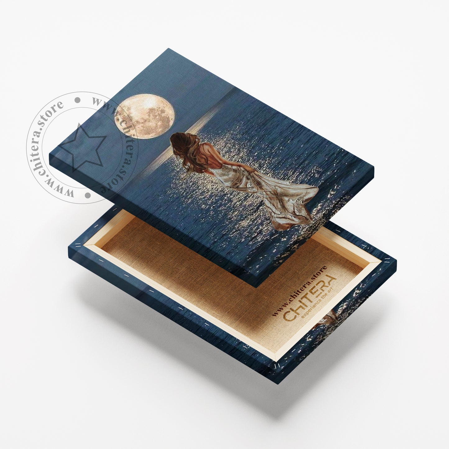 Elegant Woman Walking on Moonlit Ocean Wall Canvas Art