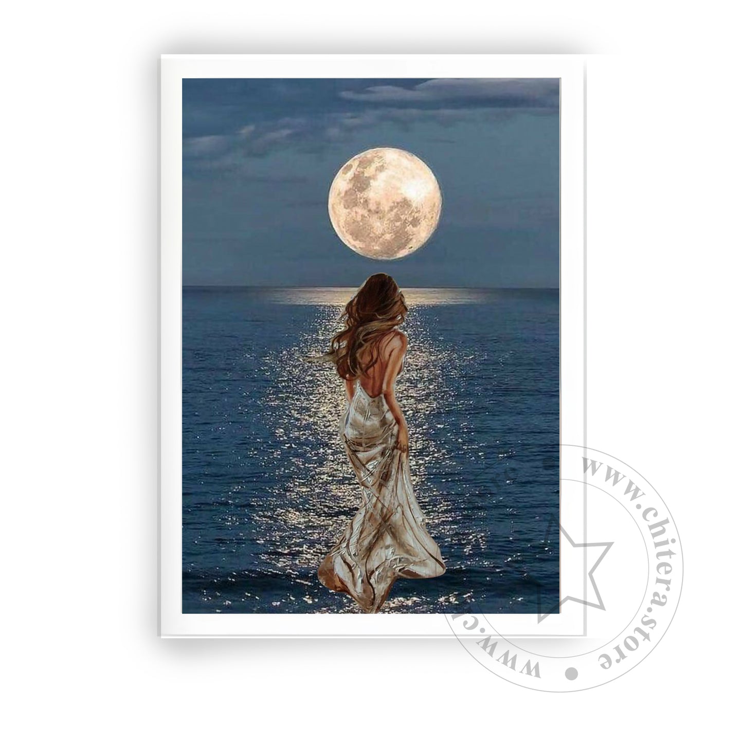 Elegant Woman Walking on Moonlit Ocean Wall Canvas Art
