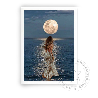 Elegant Woman Walking on Moonlit Ocean Wall Canvas Art