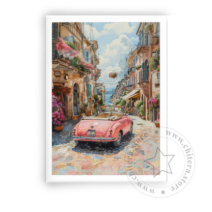 Pink Vintage Car in Italian Street Wall Canvas Art