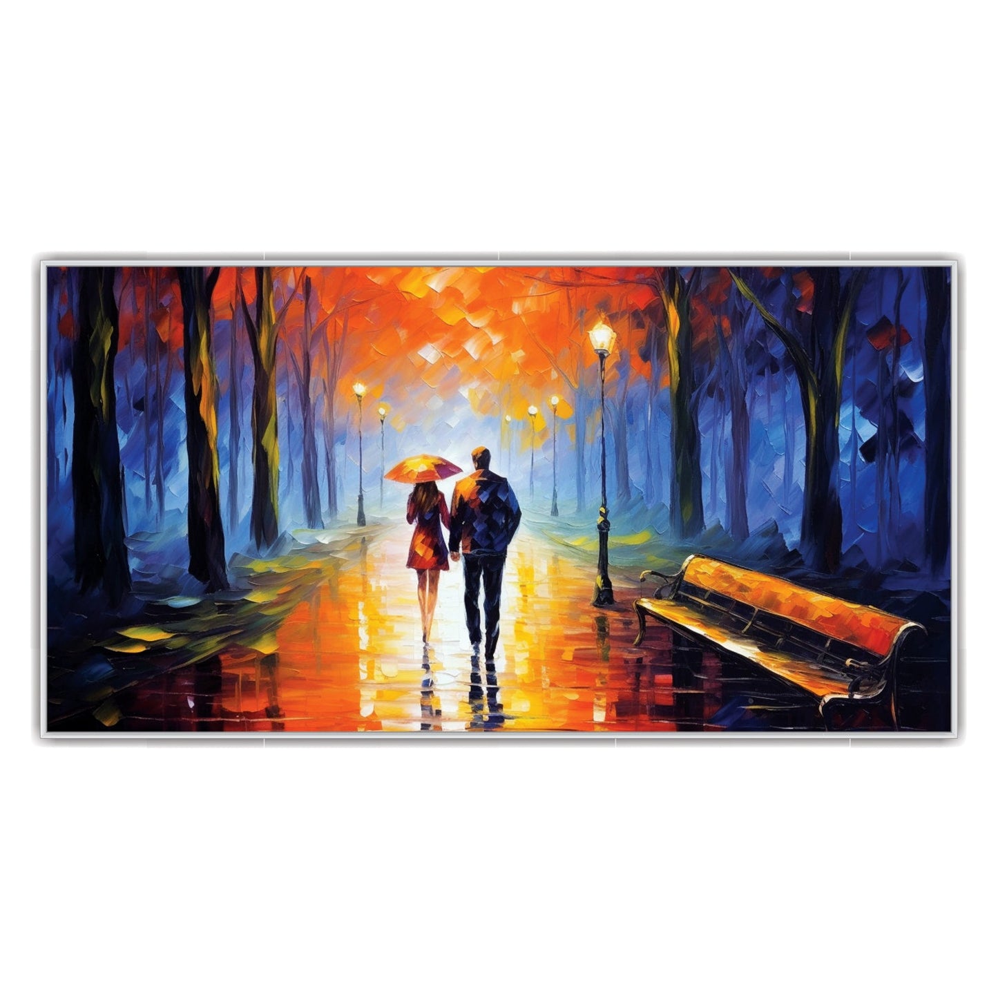 Couple Walking Rain with Umbrella Canvas Art Print Wall Painting
