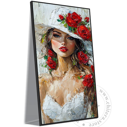 Red Roses & White Hat – Fashion-Inspired Canvas Wall Art