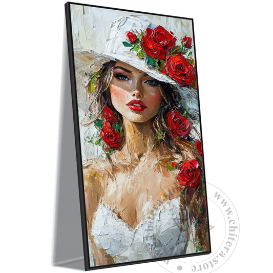 Red Roses & White Hat – Fashion-Inspired Canvas Wall Art
