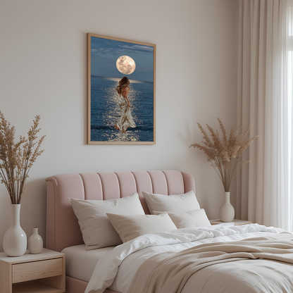 Elegant Woman Walking on Moonlit Ocean Wall Canvas Art