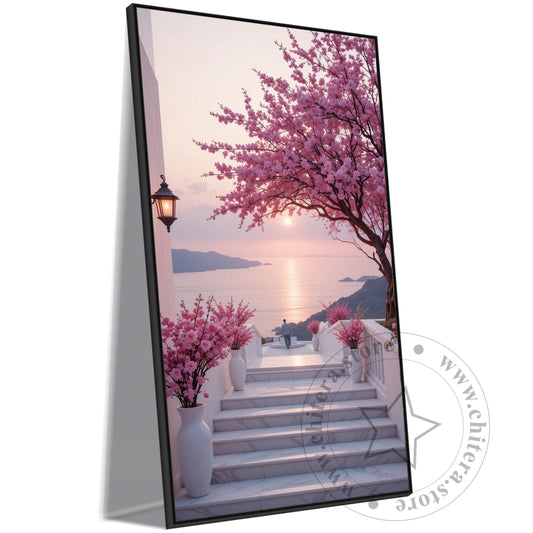 Romantic Seaside View – Pink Blossom Canvas Art