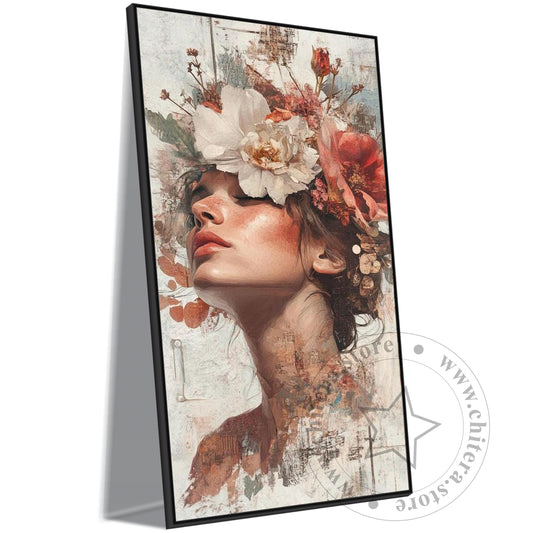 Floral Crown Woman with Closed Eyes Wall Canvas Art