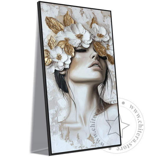 Golden Floral Crown Woman Wall Canvas Art