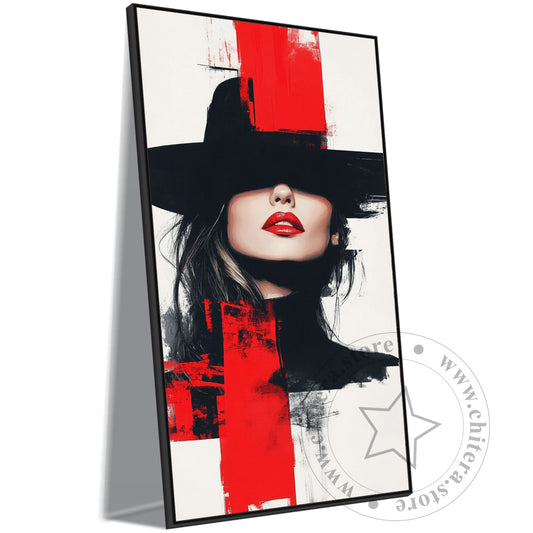 Red Lips Woman in Abstract Black Hat Wall Canvas Art