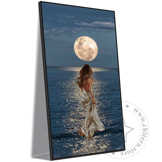 Elegant Woman Walking on Moonlit Ocean Wall Canvas Art