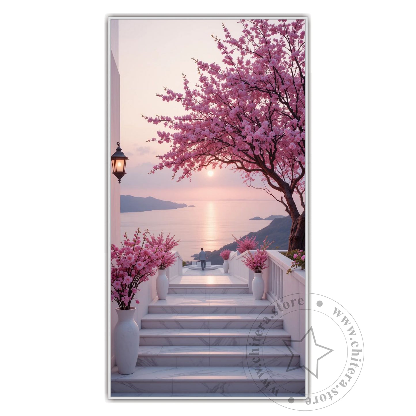 Romantic Seaside View – Pink Blossom Canvas Art