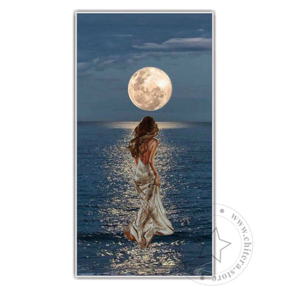 Elegant Woman Walking on Moonlit Ocean Wall Canvas Art
