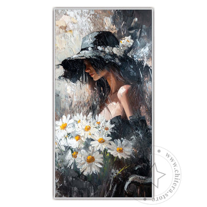 Impressionist Woman with Daisies and Hat Wall Canvas Art