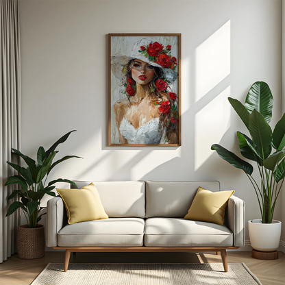 Red Roses & White Hat – Fashion-Inspired Canvas Wall Art