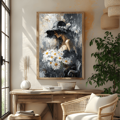 Impressionist Woman with Daisies and Hat Wall Canvas Art